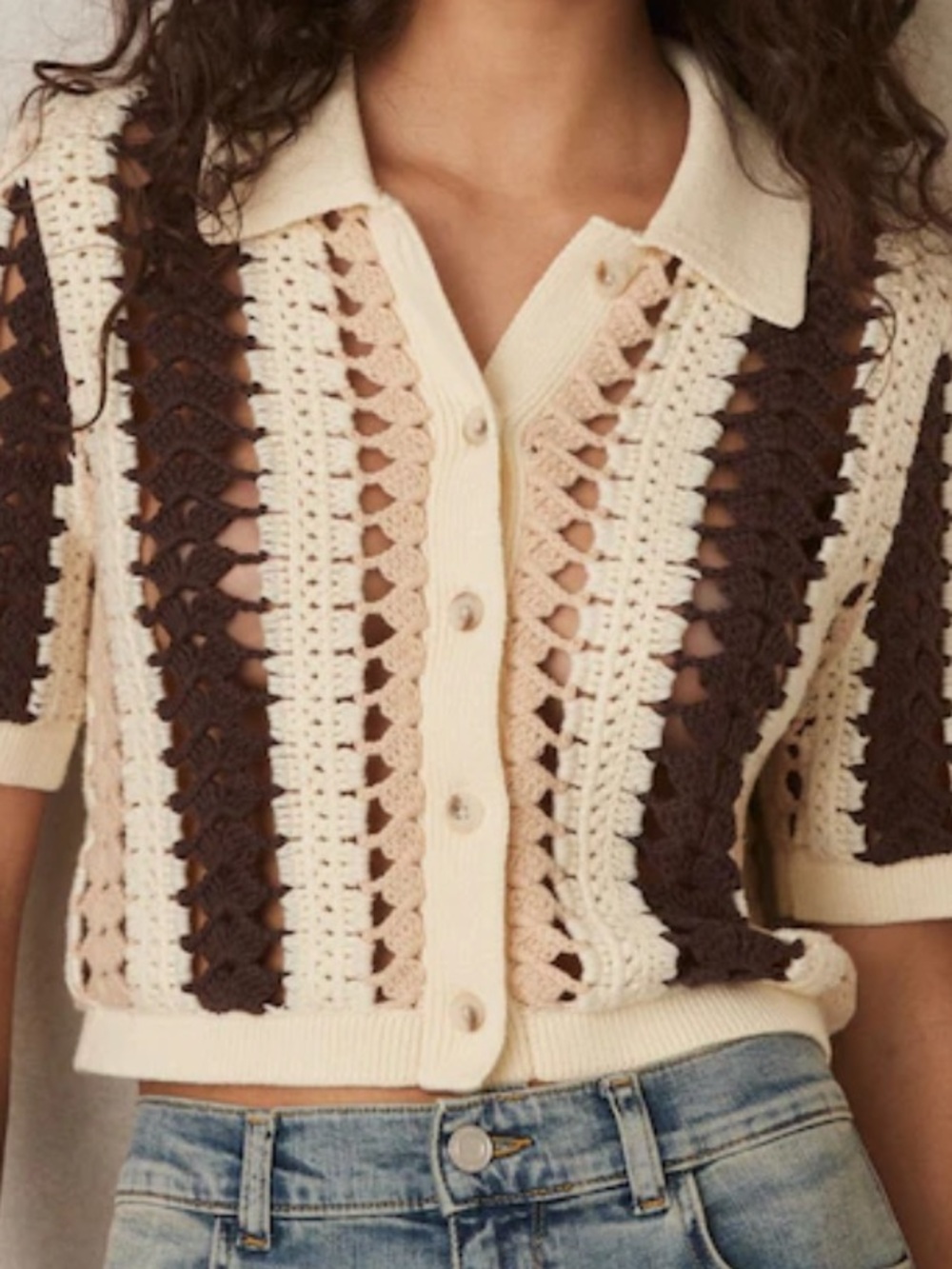 Reiss Cream and Brown Crochet-Panel Short Sleeve Cardigan medium